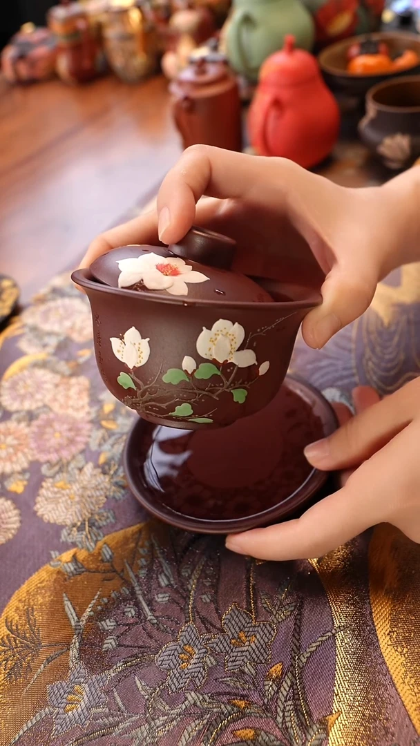 茶壶紫砂紫泥玉兰盖碗