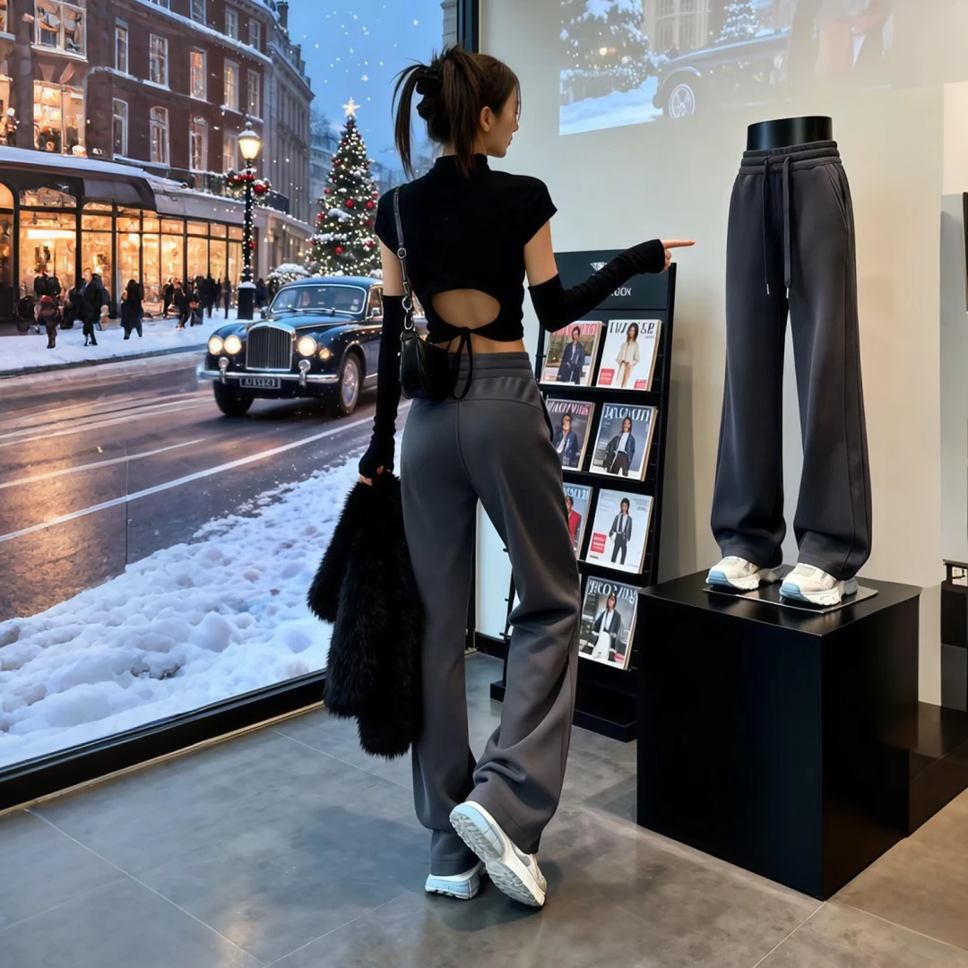 加绒运动裤女款爆款2025新款秋冬小个子窄版直筒裤显瘦休闲阔腿裤