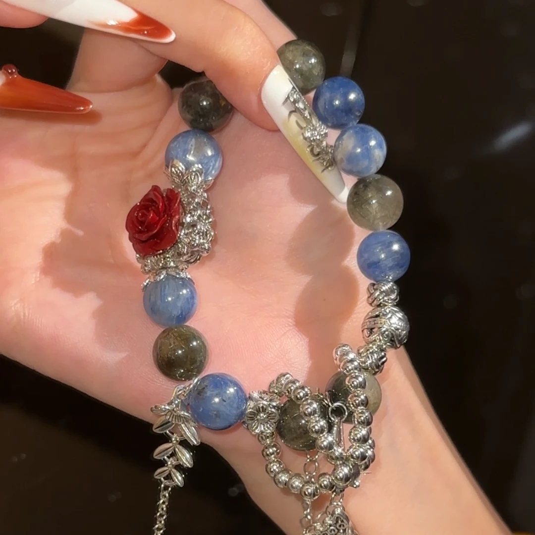 「莫奈花园」蓝晶石 绿兔毛 朱砂玫瑰花