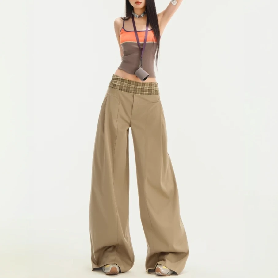 复古卡其格纹拼接休闲裤女春夏设计感慵懒西装阔腿高级感低腰裤子