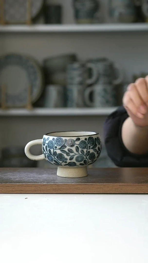 陶瓷粗陶手绘金盏花高足蛋杯220ml@4-2@