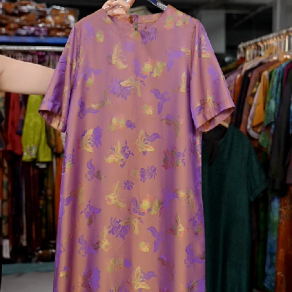 0128紫色蝴蝶春夏新中式圆领提花连衣裙中国风