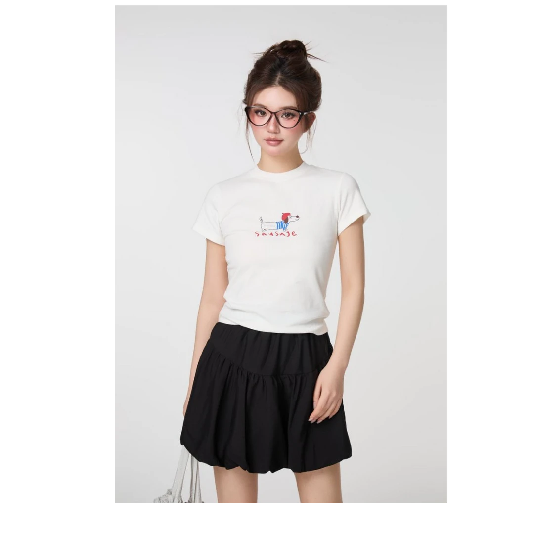 白色印花短袖t恤女2025新款春夏小个子修身半袖体恤上衣