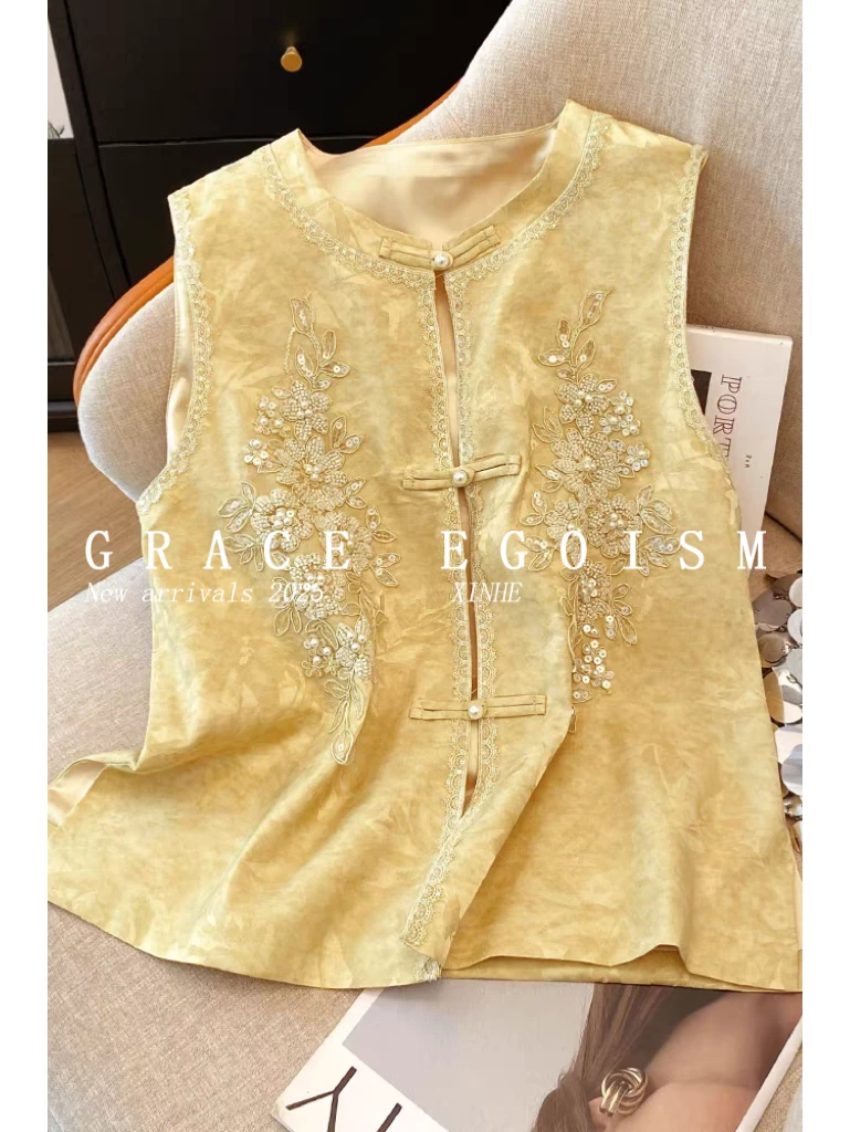 金禾【醉花吟】清仓春夏新款中式国风中钉珠刺绣马甲3158