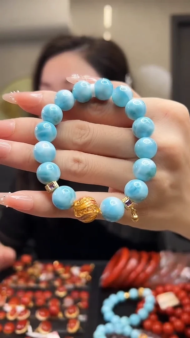 未镶嵌针钠钙石（海纹石）手串18K金设计款/11mm