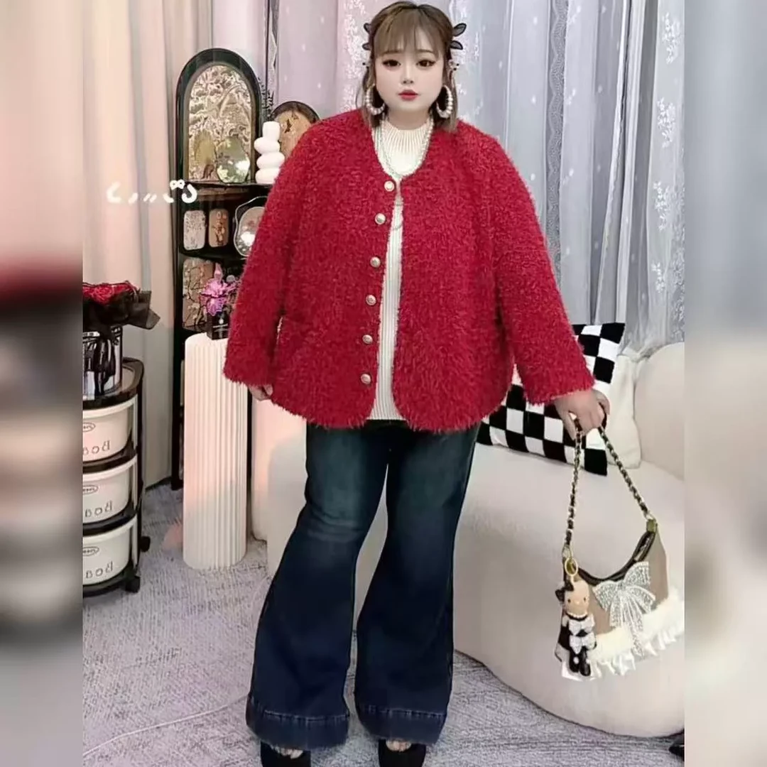 【胖妞妞优选】PLY-韩系设计感名媛风毛毛外套5595