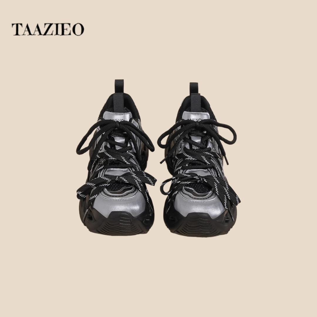 TAAZIEO新款厚底老爹鞋女黑色重工双鞋带巴黎炸街松糕休闲运动鞋