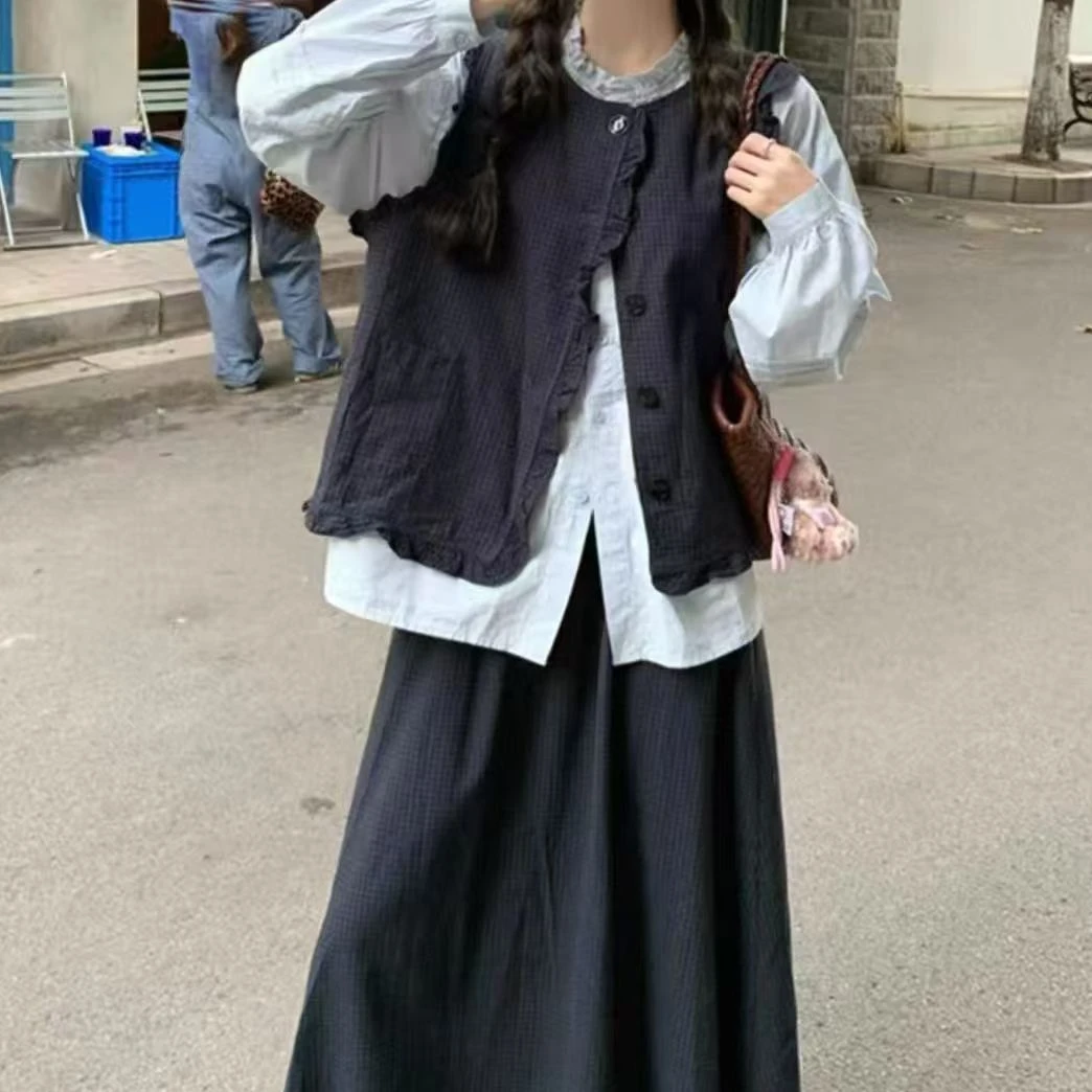 可爱衬衫格纹花边马甲长裙套装百搭复古学生休闲日系上衣