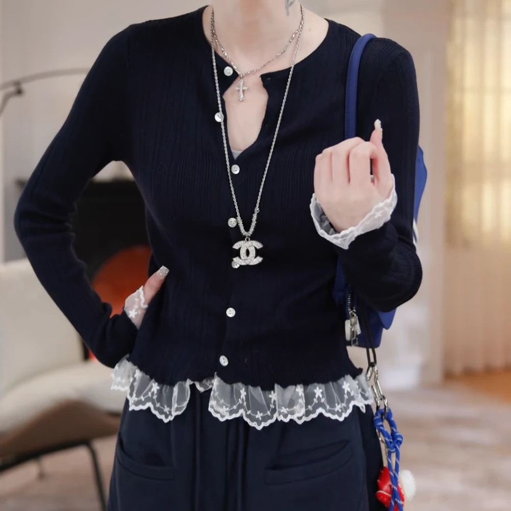 蕾丝拼接针织衫百搭显瘦外套简约开衫