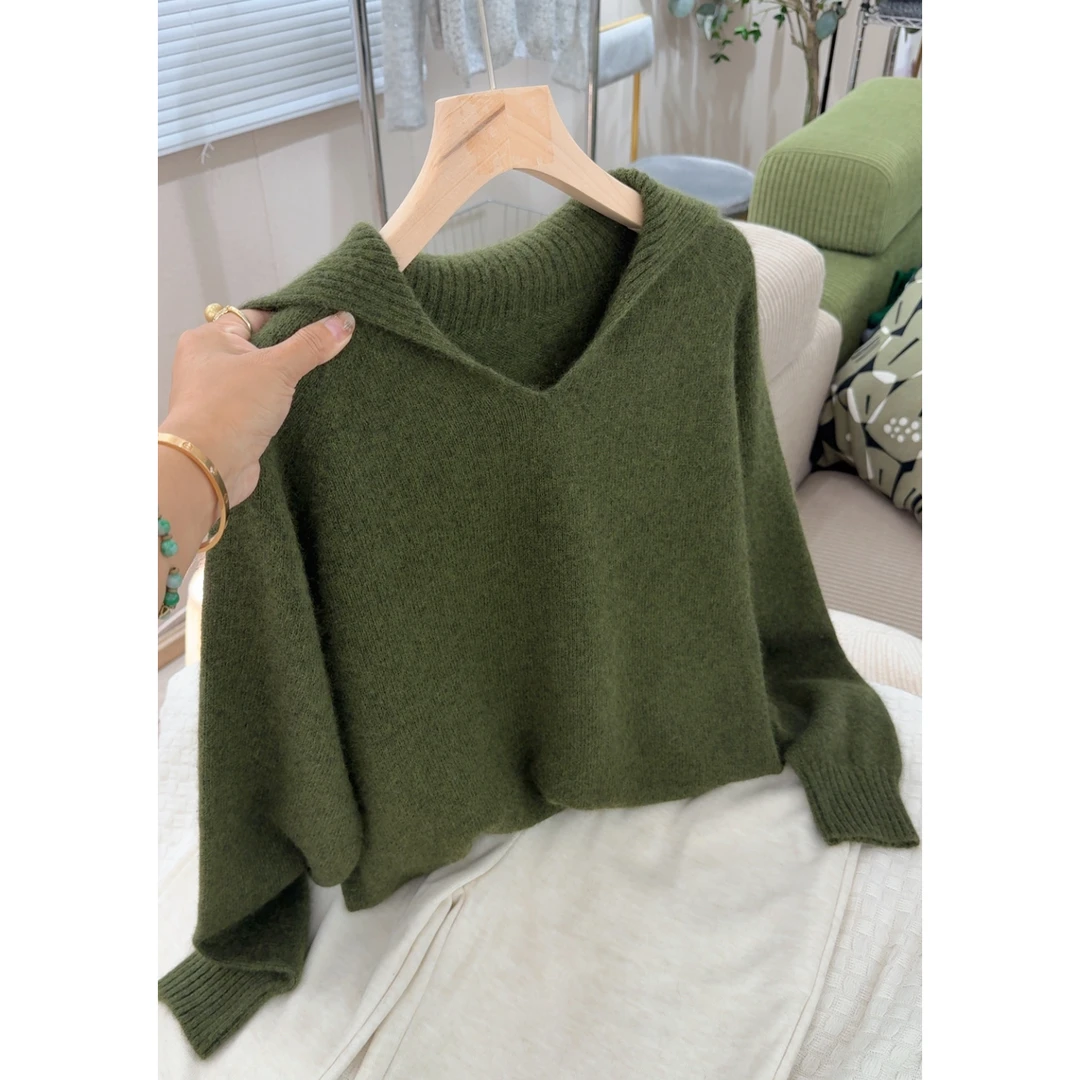 3498【气质翻领宽松毛衣】秋冬新款女士韩版宽松外穿上衣