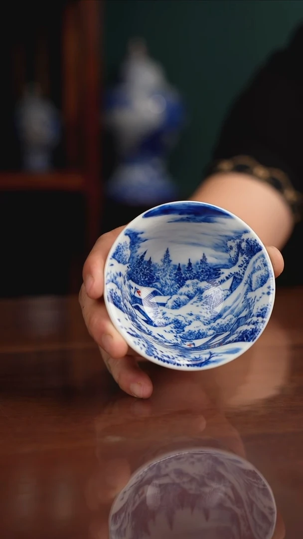 晓月窑青花雪景压手杯