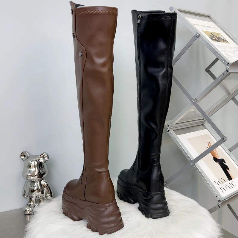 小个子内增高靴子10cm厚底防水台弹力瘦瘦靴侧拉链骑士靴女胖妹妹