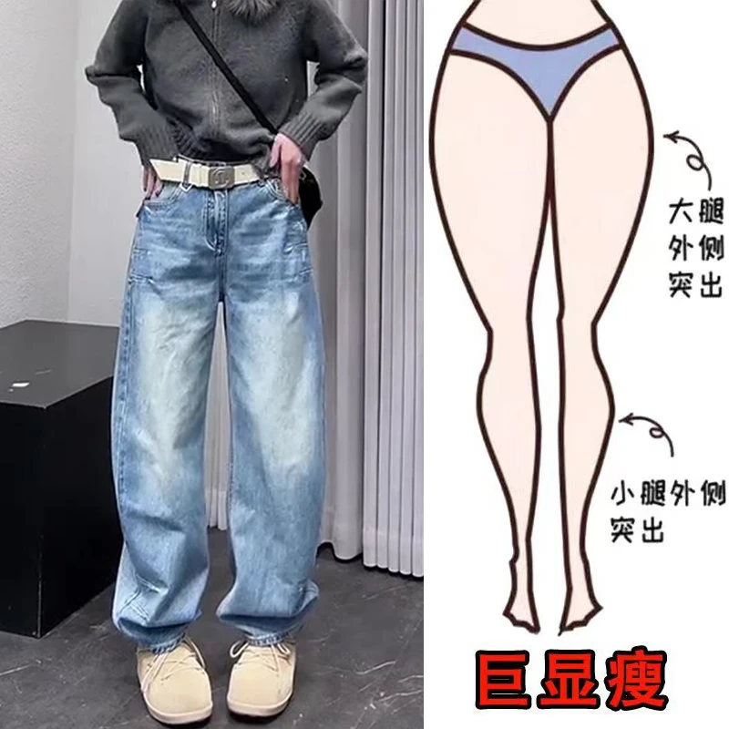 早春新款美式时尚水洗窄版百搭通勤风遮肉显瘦高腰宽松阔腿牛仔裤