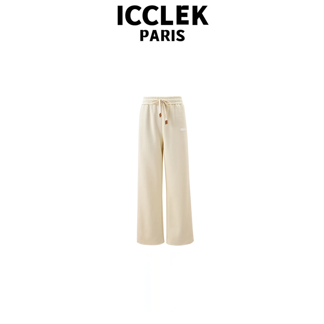 ICCLEK 秋冬加厚米白色抽绳直筒阔腿显瘦百搭气质秋冬长裤 - 9261