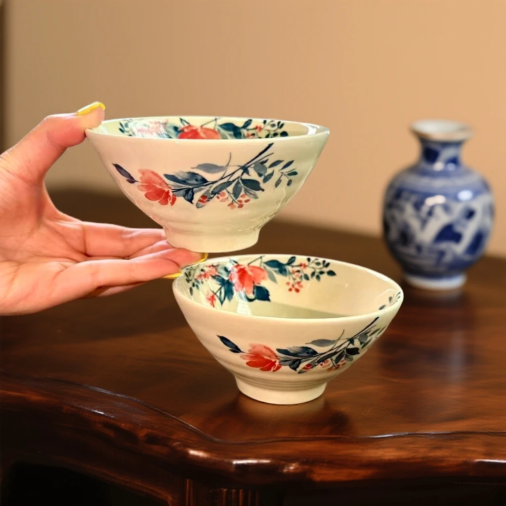 ..复古国风牡丹5英寸米饭碗家用陶瓷手绘釉下彩饭碗