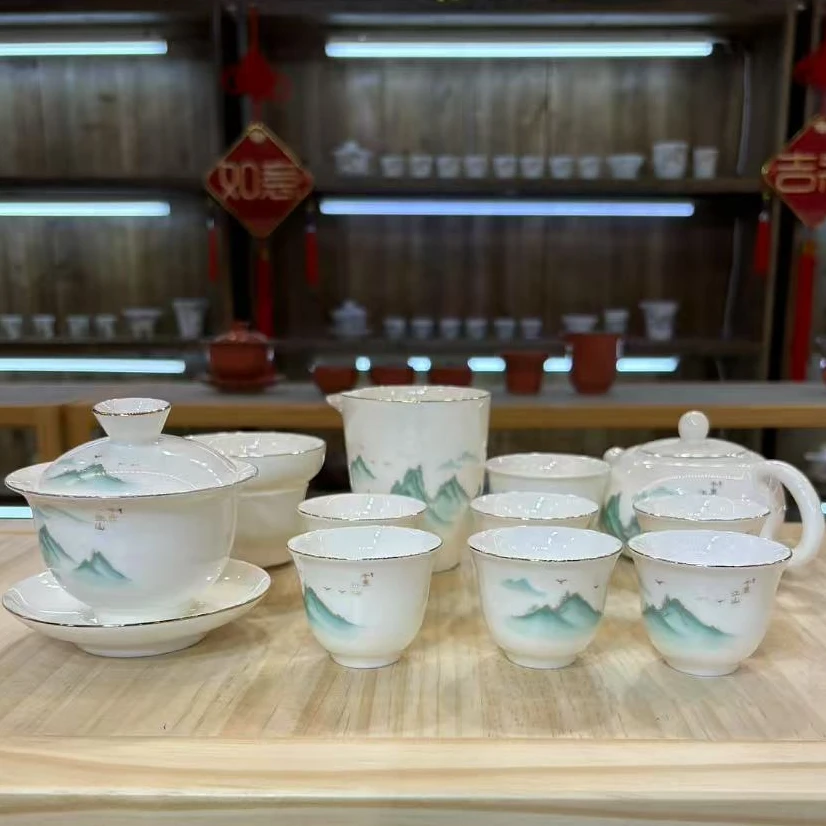 羊脂玉瓷千里江山茶具套装