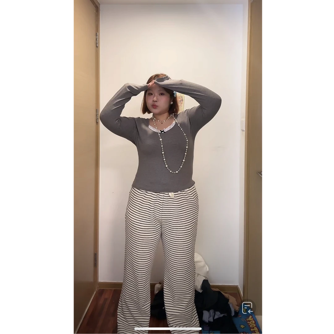 胡二家大码胖MM条纹加厚遛弯裤高腰加绒直筒阔腿软糯显瘦条纹裤