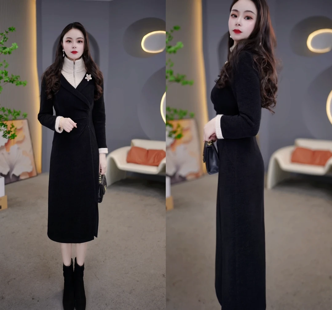 2025秋冬蓝色拼接设计大气优雅收腰显瘦时尚假两件连衣裙M-4XL