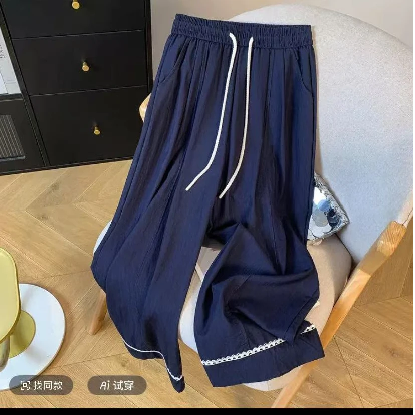 高腰直筒九分花边休闲裤子