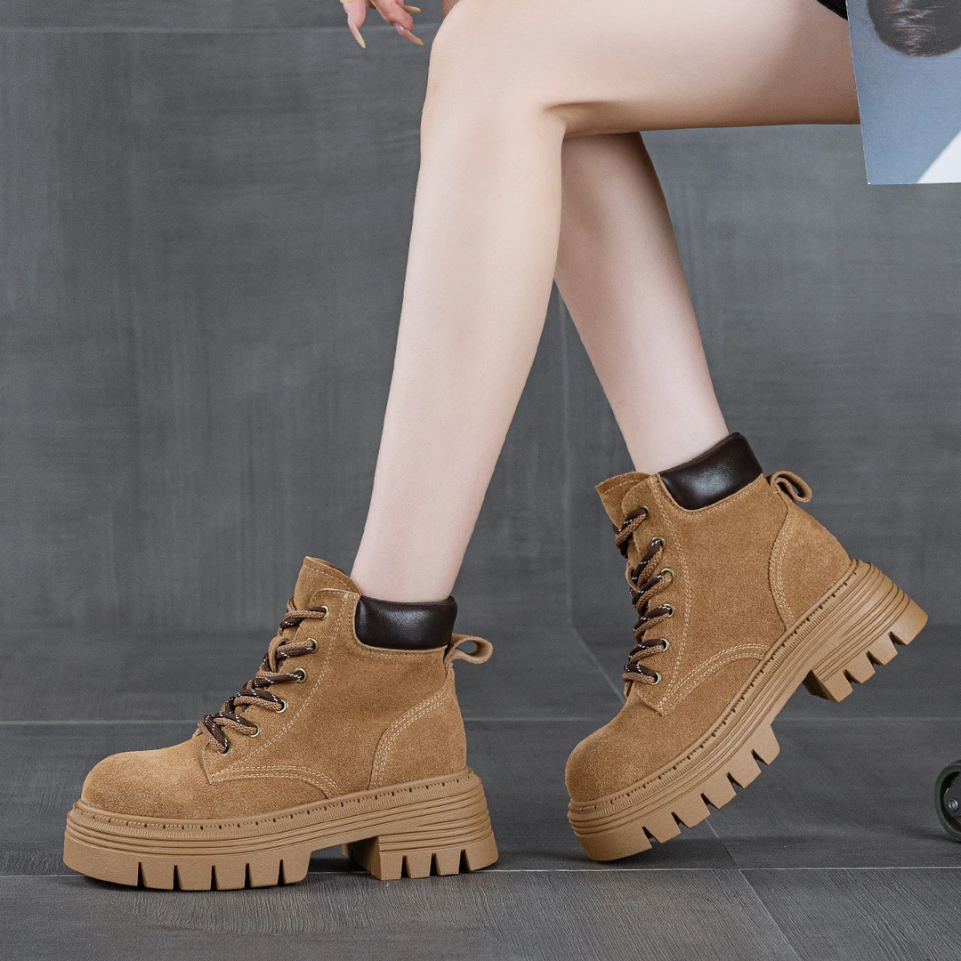 真皮磨砂牛皮马丁靴女秋冬季复古系带时尚百搭小个子增高厚底单靴