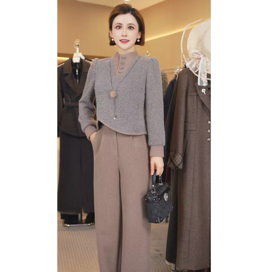 W8171气质两件套装裤女秋冬减龄加厚polo领拼接贵夫人收腰套装