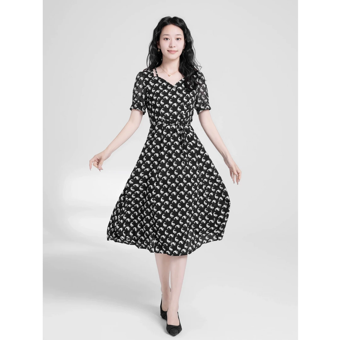 新款高级感V领显瘦轻熟气质中长款连衣裙X130