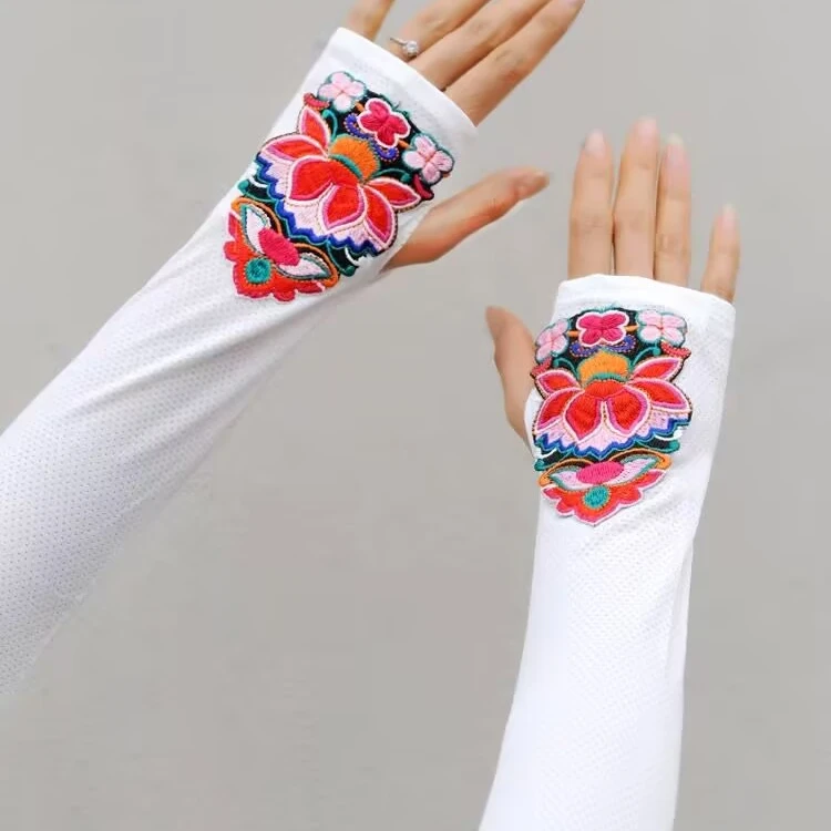 夏季户外女袖防晒手套民族风绣花防紫外线长款冰丝袖护手臂套袖子
