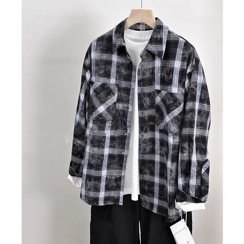 春季男士新款复古格子衬衫韩版勤休闲宽松长袖衬衣外套24137