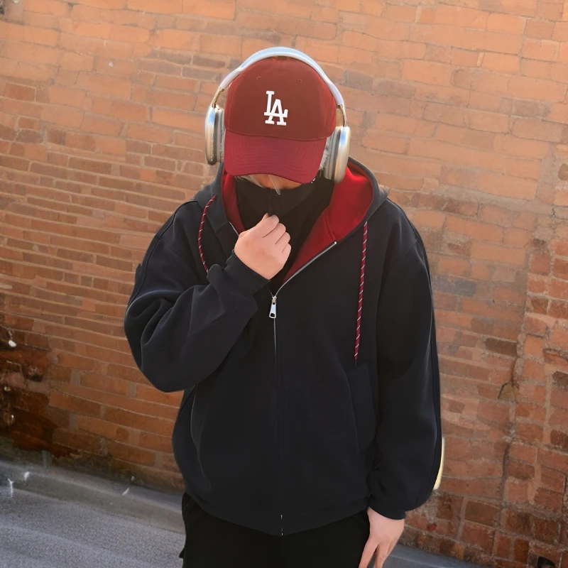 美式复古绳装连帽卫衣男女秋冬痞帅潮牌字母印花宽松情侣休闲外套