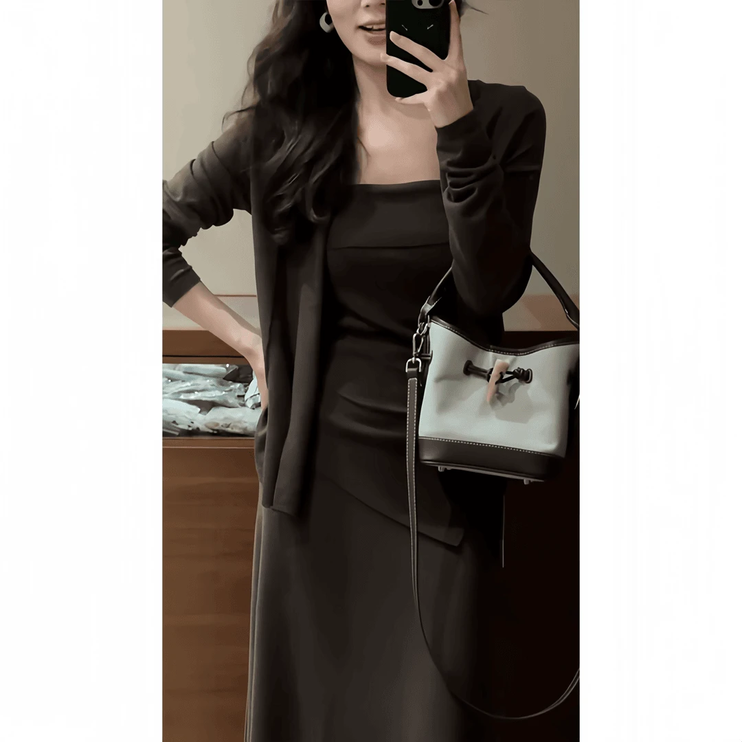 清冷系禅意衣服女气质修身百搭长袖开衫吊带背心高腰显瘦半身裙