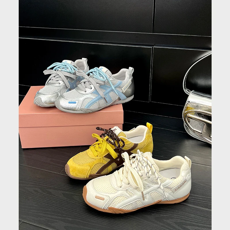 内增高4cm爆裂纹双鞋带德训鞋女百搭网面透气小白鞋运动阿甘鞋子