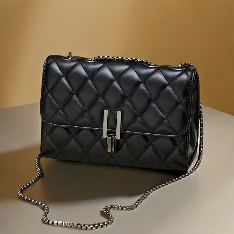 小香风斜挎百搭包包2024新款女包菱格链条包小方包时尚5536黑色