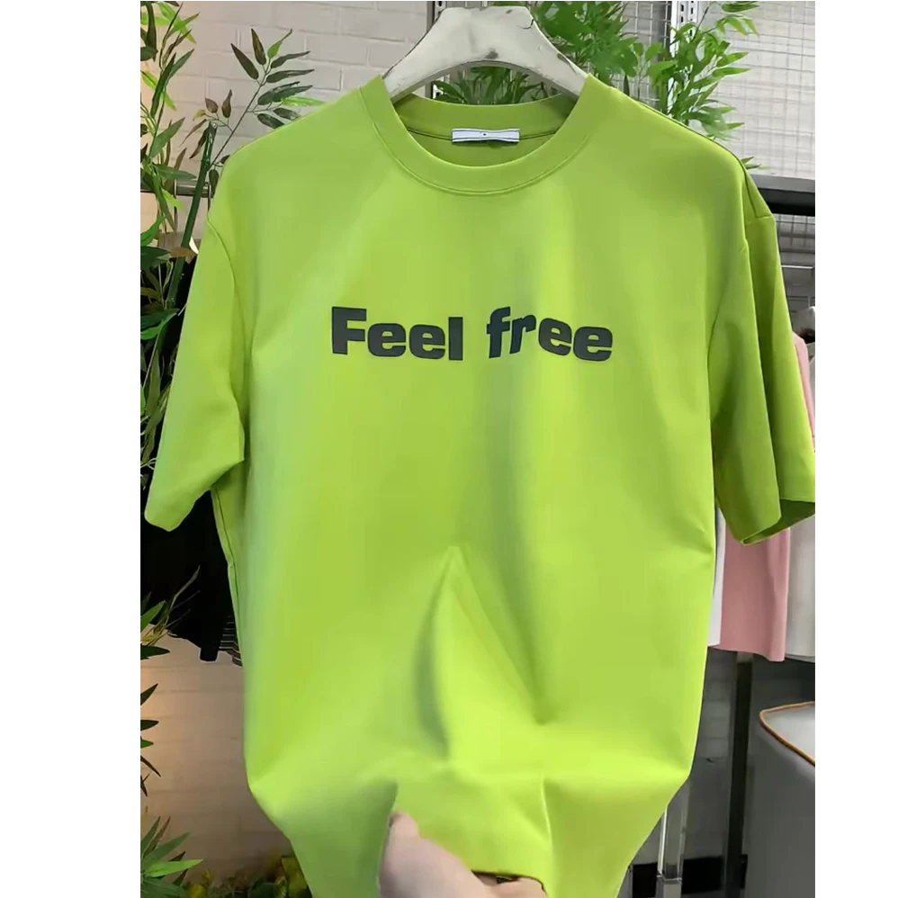 今年夏季流行时尚上衣苹果绿字母印花百搭短袖休闲圆领T恤男女
