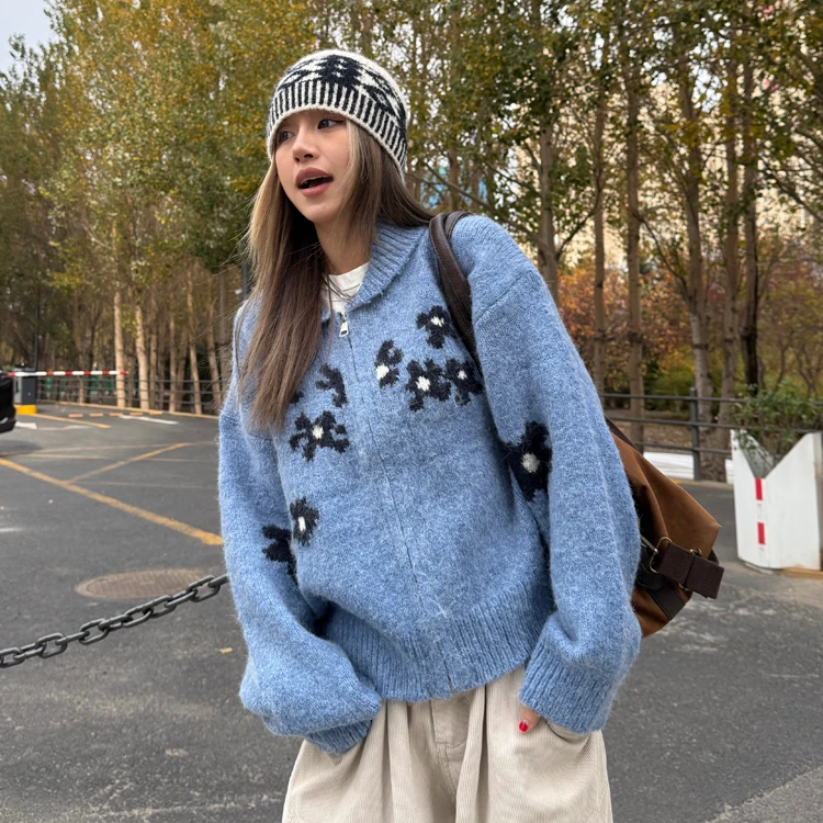美式慵懒风秋冬新款设计感钩花拉链蓝色毛衣外套女针织开衫上衣