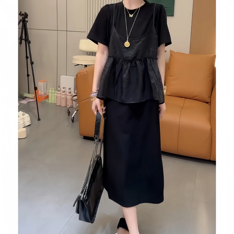 夏季时尚气质假两件小吊带休闲小众极简风气质高腰拼接圆领连衣裙