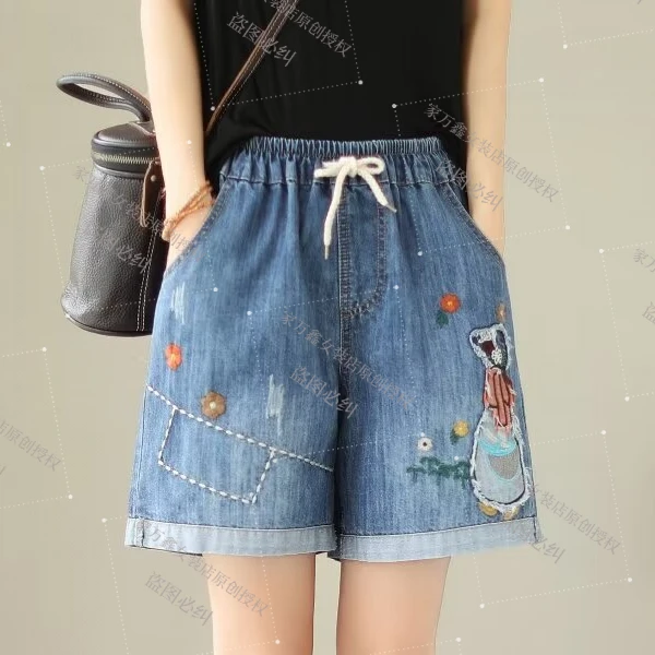 新中式夏贴布宽松牛仔裤女显瘦大码薄款松紧腰休闲短裤三分裤破洞