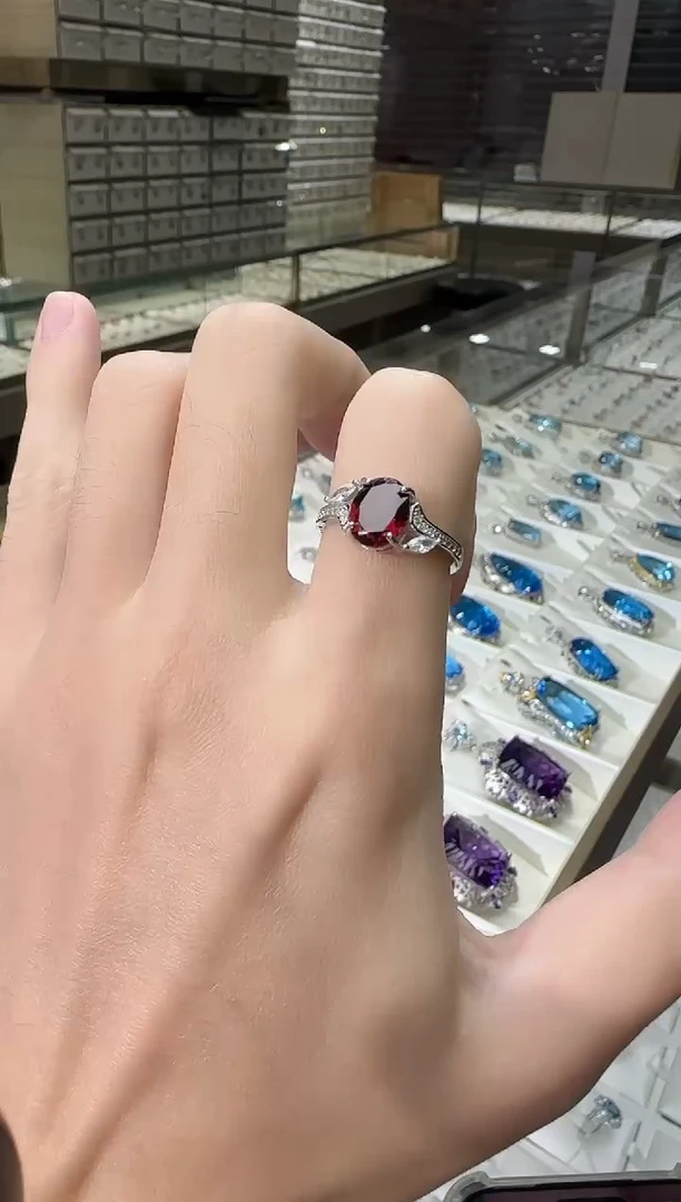 银S925镶嵌戒指石榴石10*8mm戒指简约款