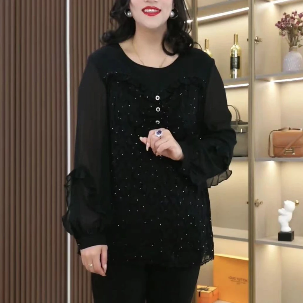 2025新春款木耳边拼接亮闪时尚气质洋气衬衫显瘦250092