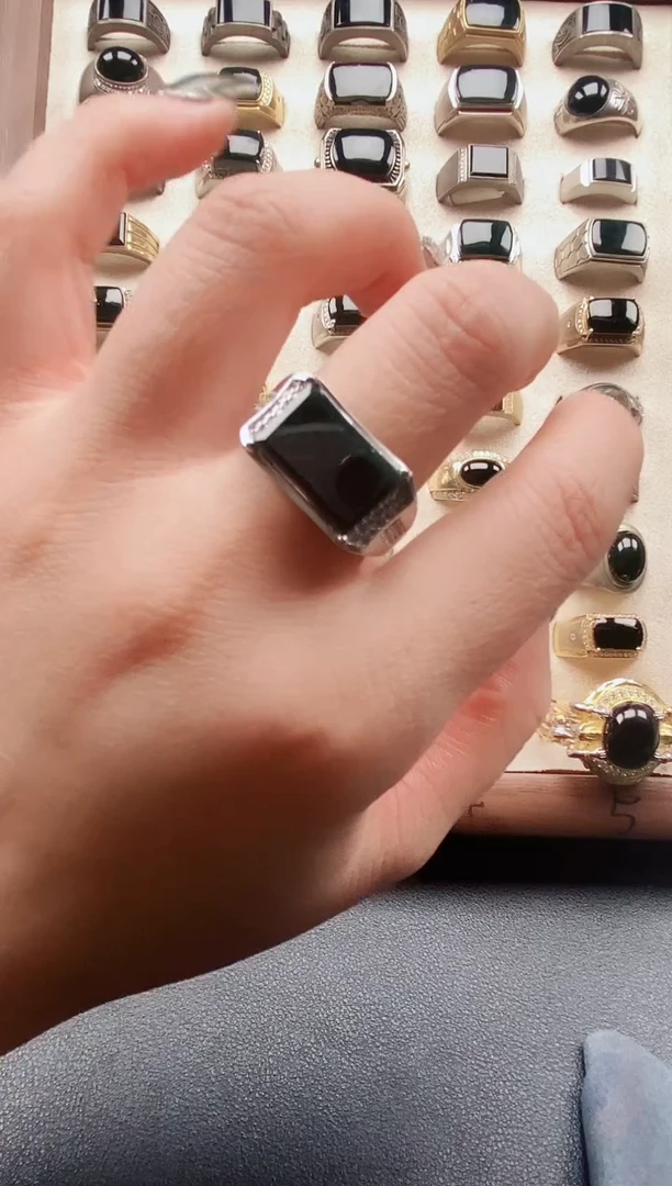 银S925镶嵌戒指翡翠滨*天然翡翠男戒