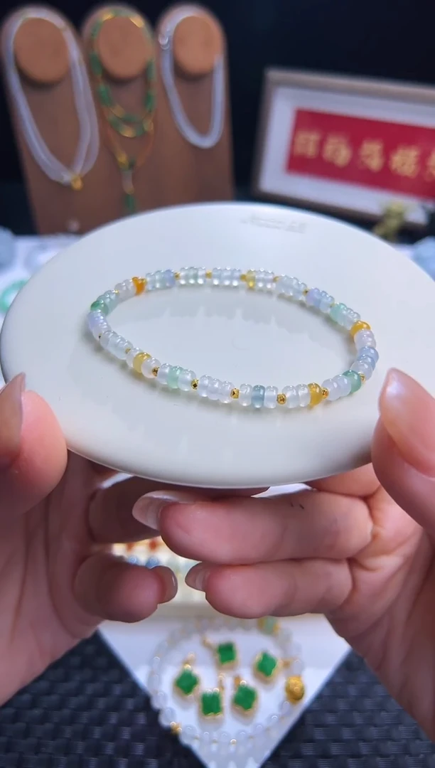 足金镶嵌手串翡翠高冰算盘!巨漏！卡4.5高冰多宝设计款！巨漏！