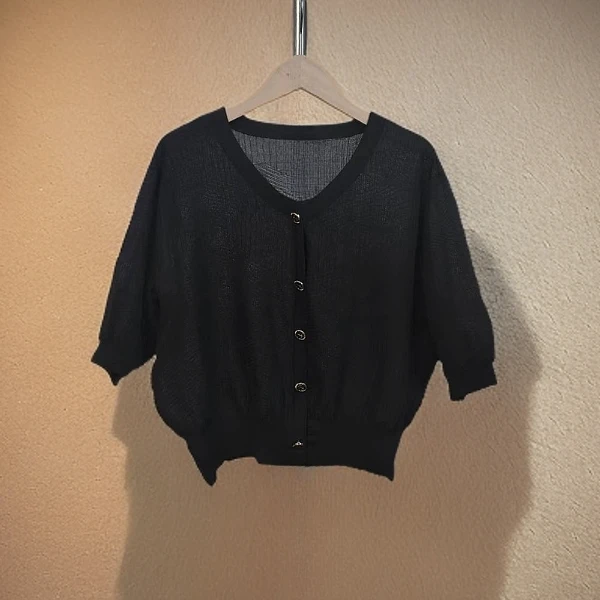 绒贝斯8896夏季女薄圆领空调针织开衫毛衣上衣中袖外搭