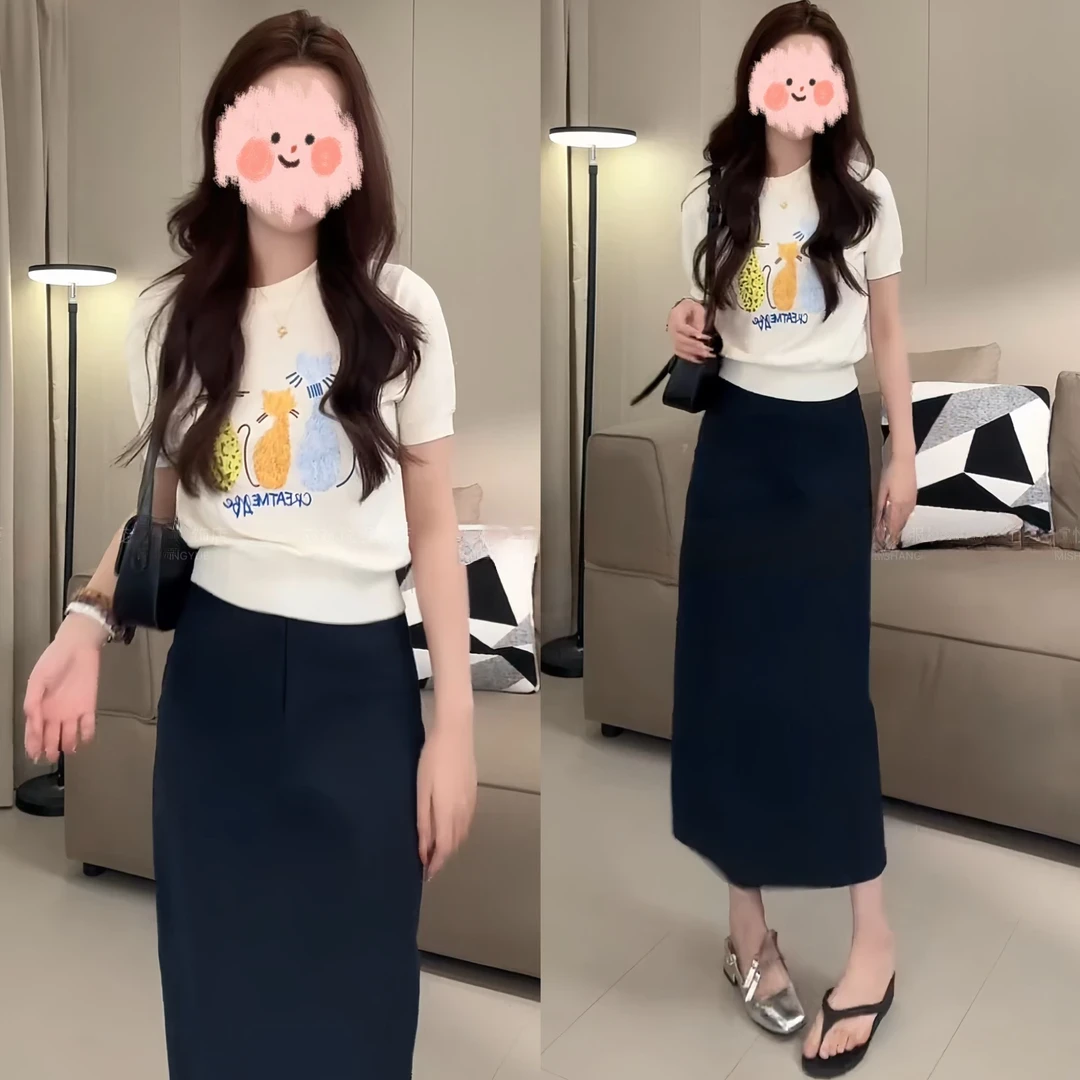 2025夏季新款韩版短袖针织衫 半身裙两件套时尚休闲套装气显瘦