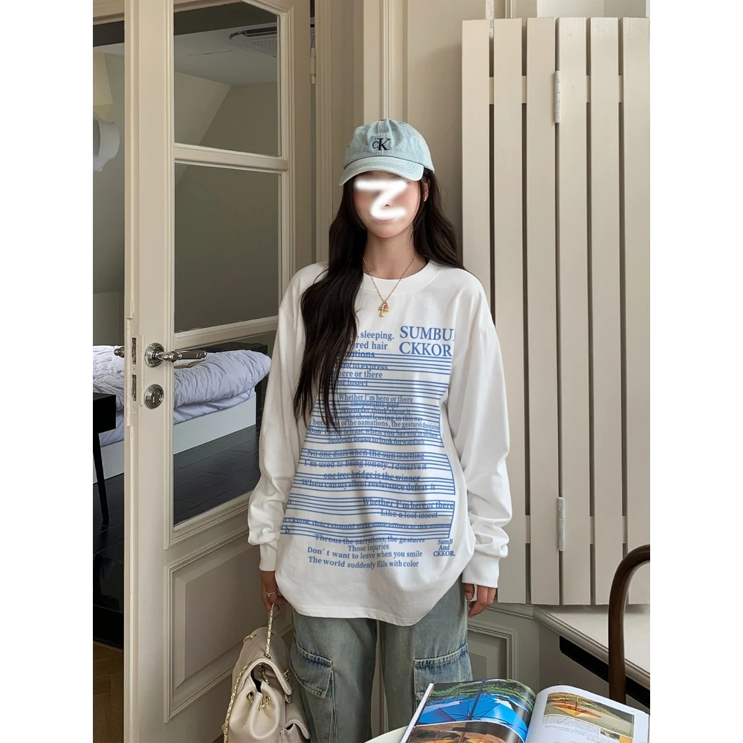 YWBY早秋爆款美式小个子慵懒风卫衣女百搭宽松设计感圆领上衣服