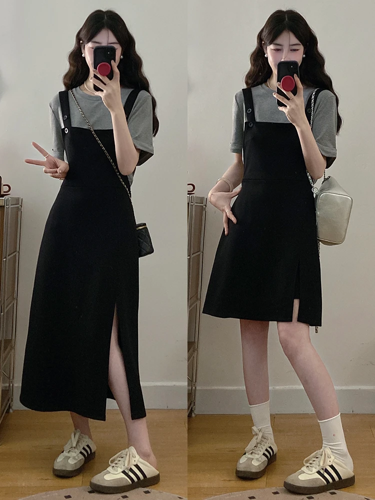 大码女装胖mm新款时尚减龄休闲高腰黑色背带裙女+T恤连衣裙两件套