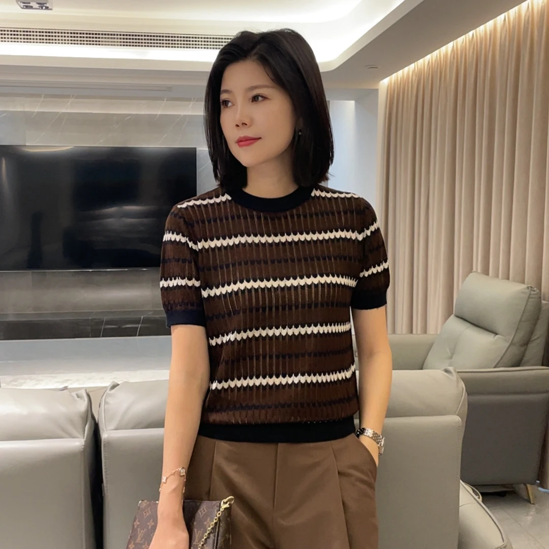 JY25早秋时尚气质百搭圆领拼色镂空条纹针织衫