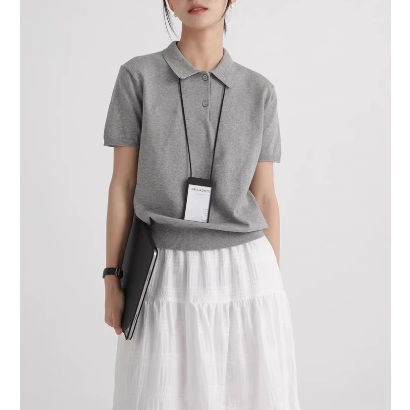 XIMIAO/兮淼夏季常规POLO领法式短袖毛针织衫上衣女装polo牛仔风