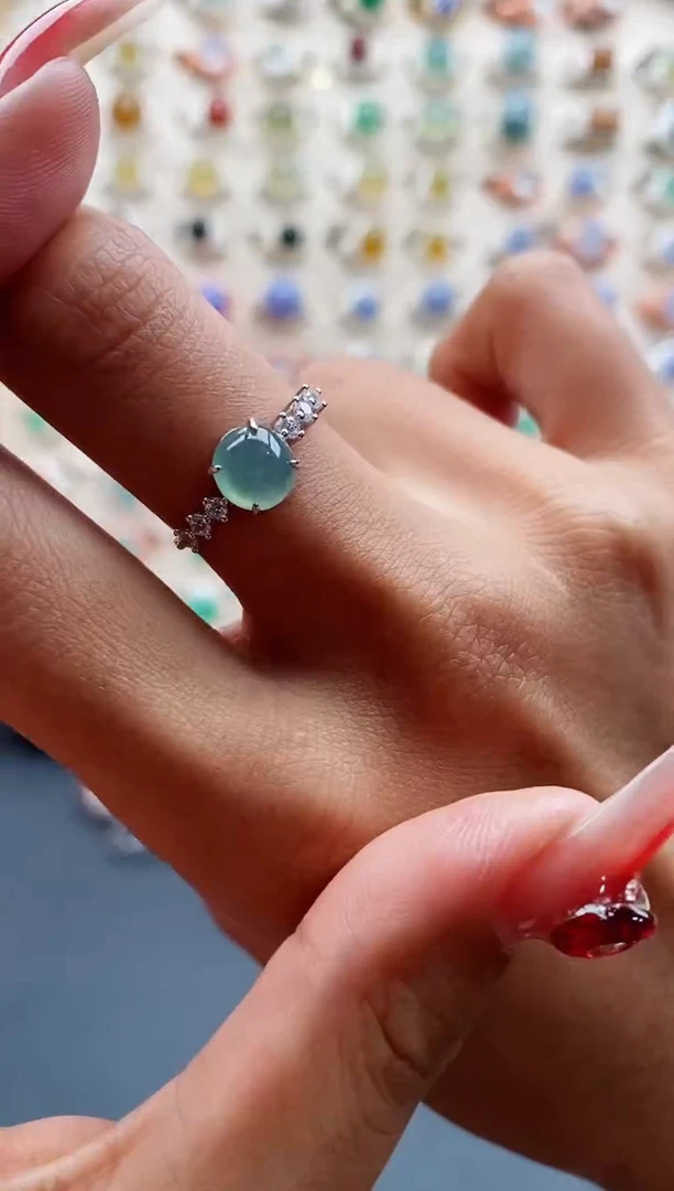 【闪购商品】翡翠戒指银S925镶嵌缅甸天然A货翡翠444 1+4