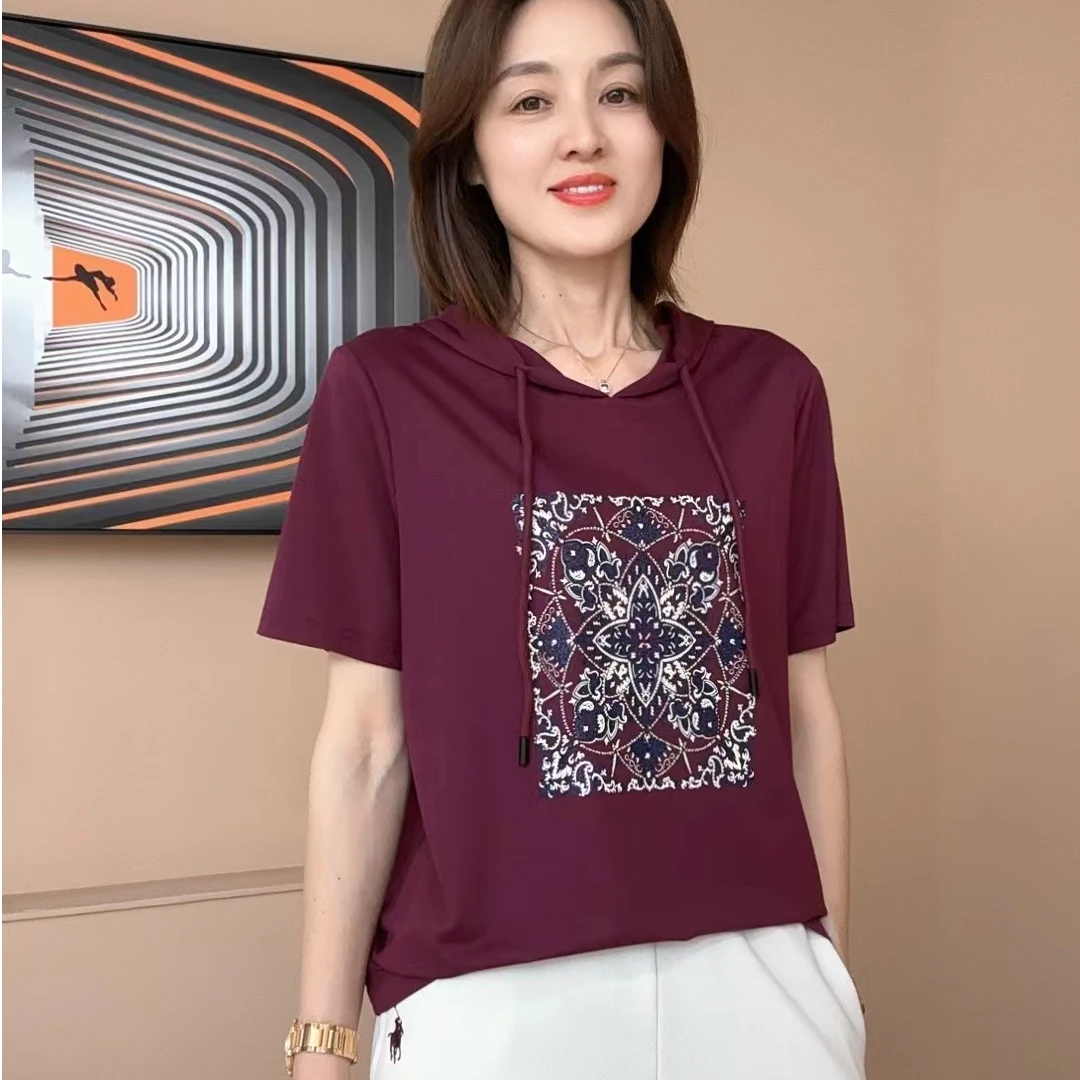 2025夏季新款连帽短袖烫钻设计洋气减龄女士百搭休闲上衣9799-03