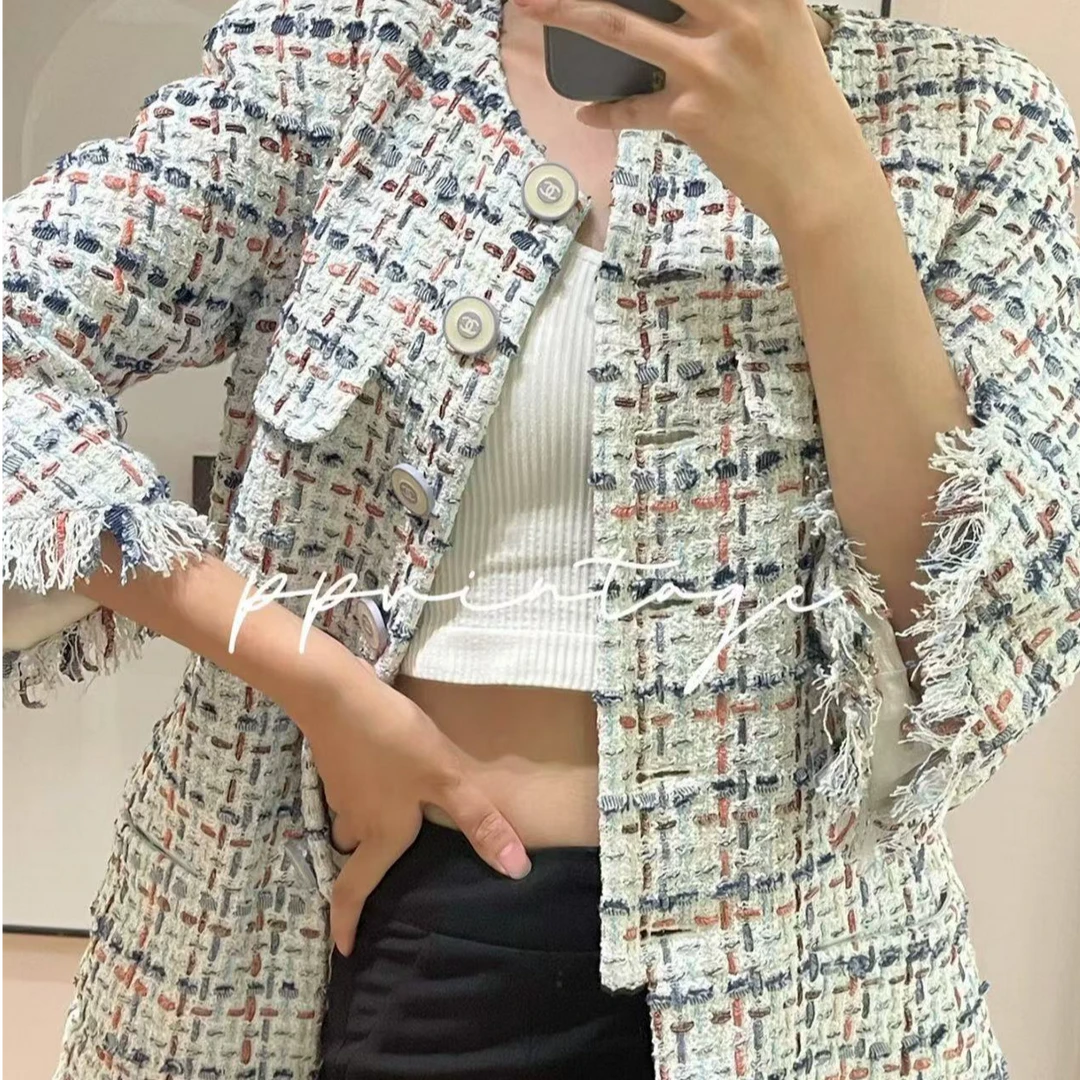 95新 Chanel/香奈儿 蓝红粗花呢编织流苏外套/F40/编号295