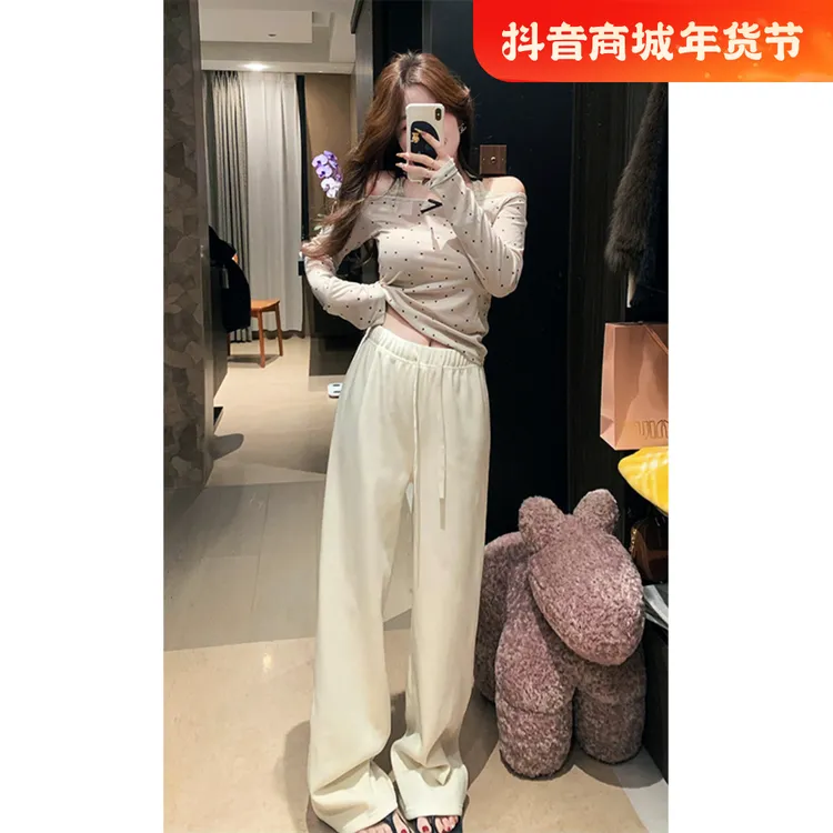 2025秋季新款女士一字肩挂脖T恤内搭波点长袖上衣宽松休闲阔腿裤